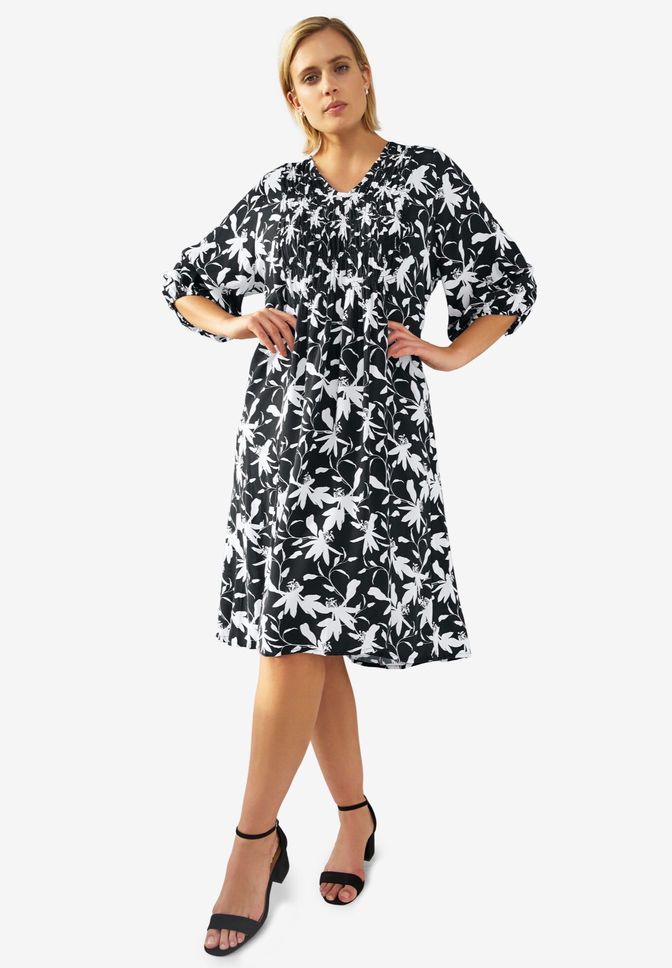 V-Neck A-line Dress with Smocked Bodice, BLACK WHITE PRINT, hi-res image number 0