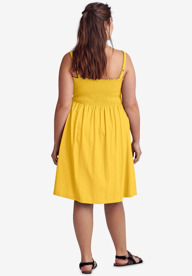 Smocked Bodice Tank Dress - Mid-Knee Length, Pepper Yellow | Woman Within Smocked Bodice Tank Dress - Mid-Knee Length, Pepper Yellow | Woman Within