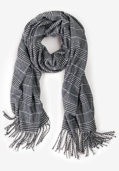 Fringe Trim Scarf, BLACK WHITE PLAID, hi-res image number null