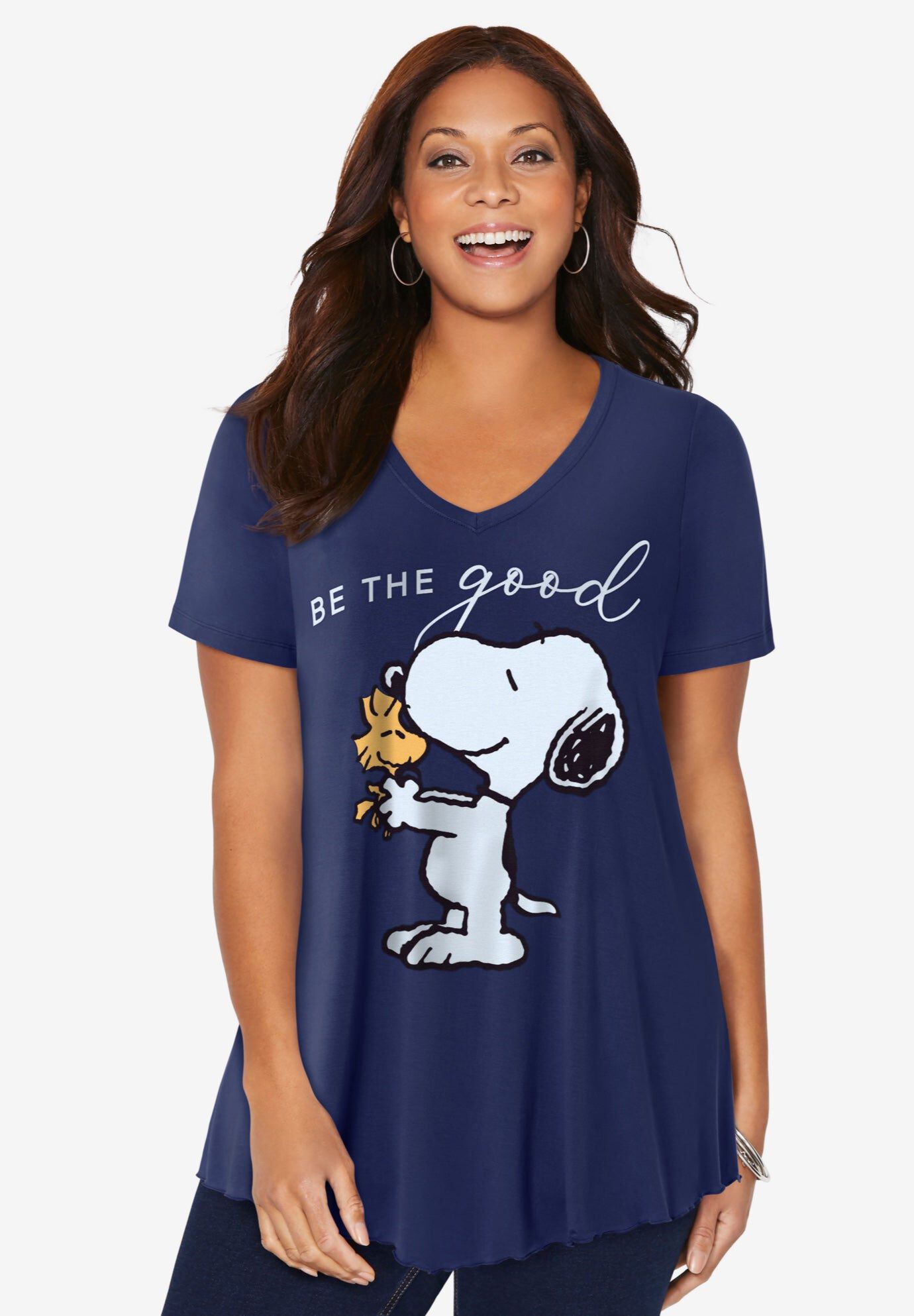 Navy Snoopy V-neck Point Hem Tee, NAVY SNOOPY, hi-res image number 0