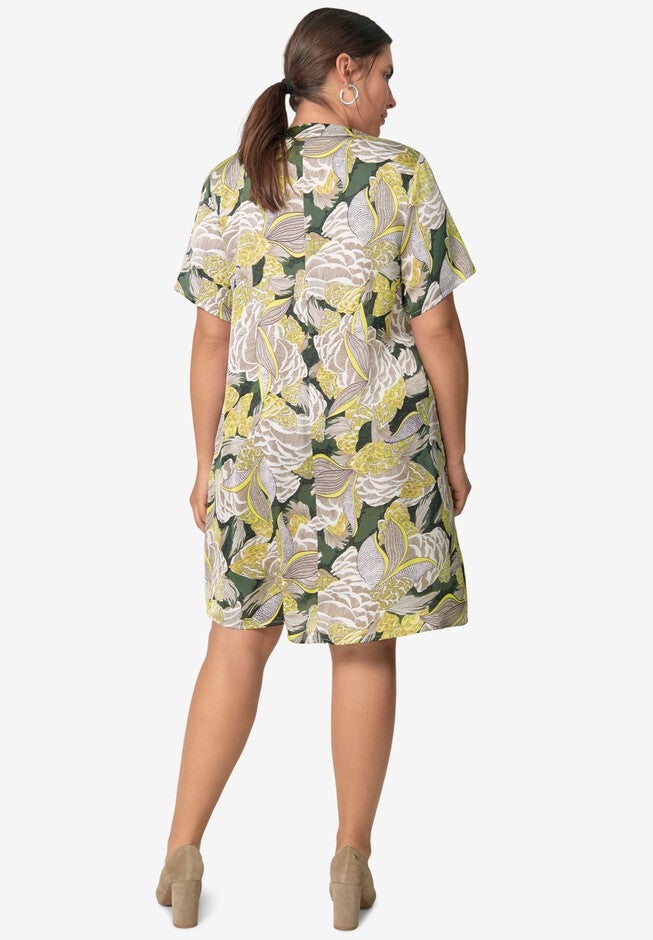 Linen Blend V-Neck Shift Dress, , on-hover image number 1