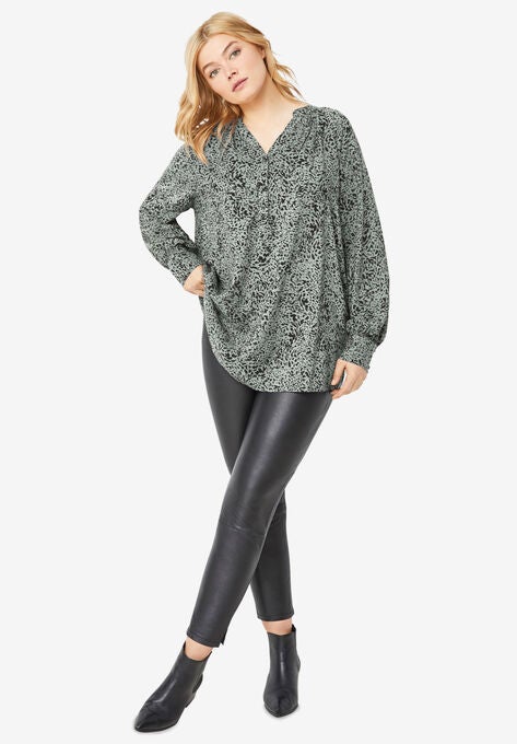 3-Button Y-Neck Tunic, GREY SPRUCE BLACK PRINT, hi-res image number null
