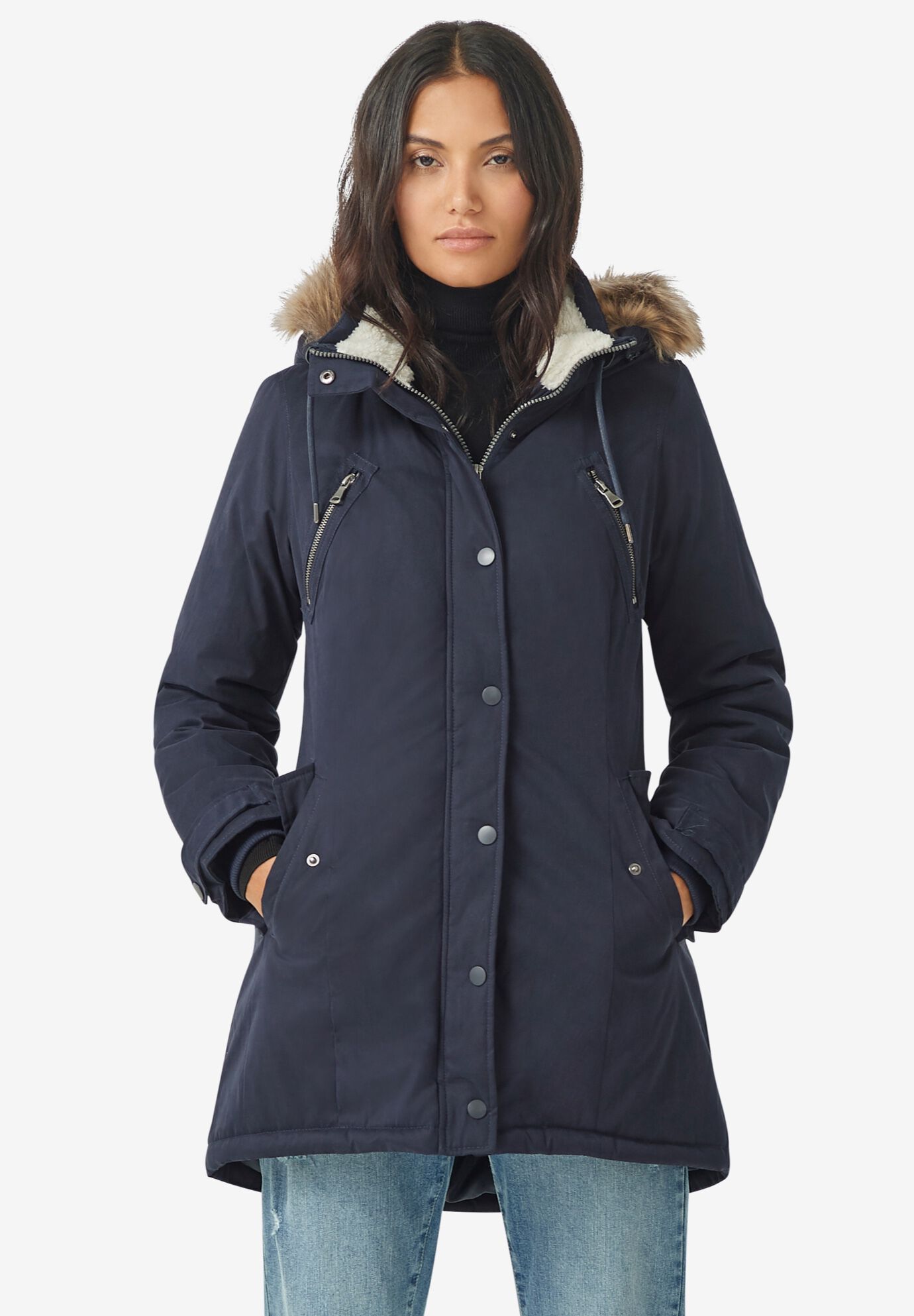 Winter Side-Snap Parka - Zip-Front A-Line Style, Navy | Woman Within