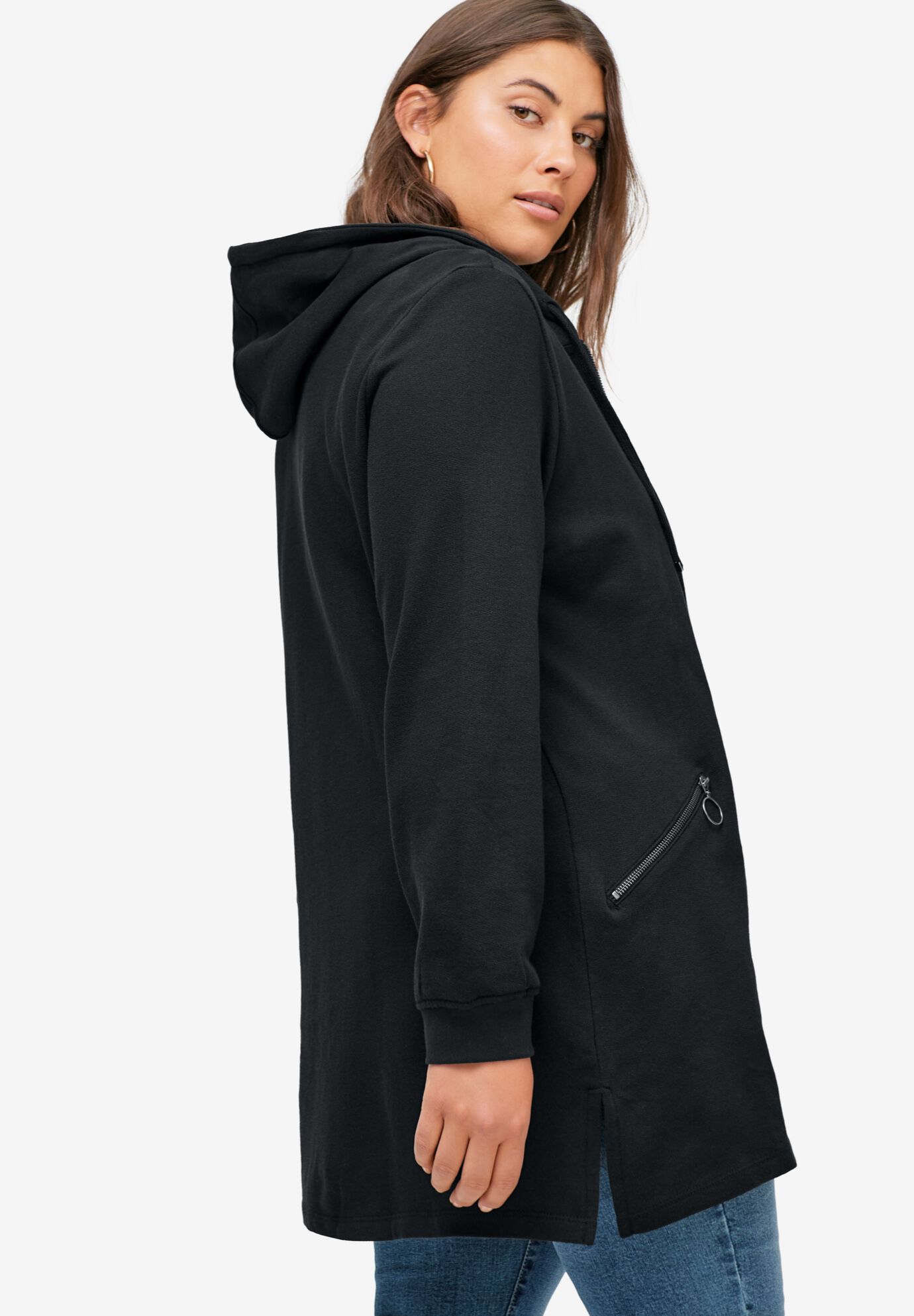 French Terry Zip-Front Hoodie With Zip Pockets, BLACK, on-hover image number 1