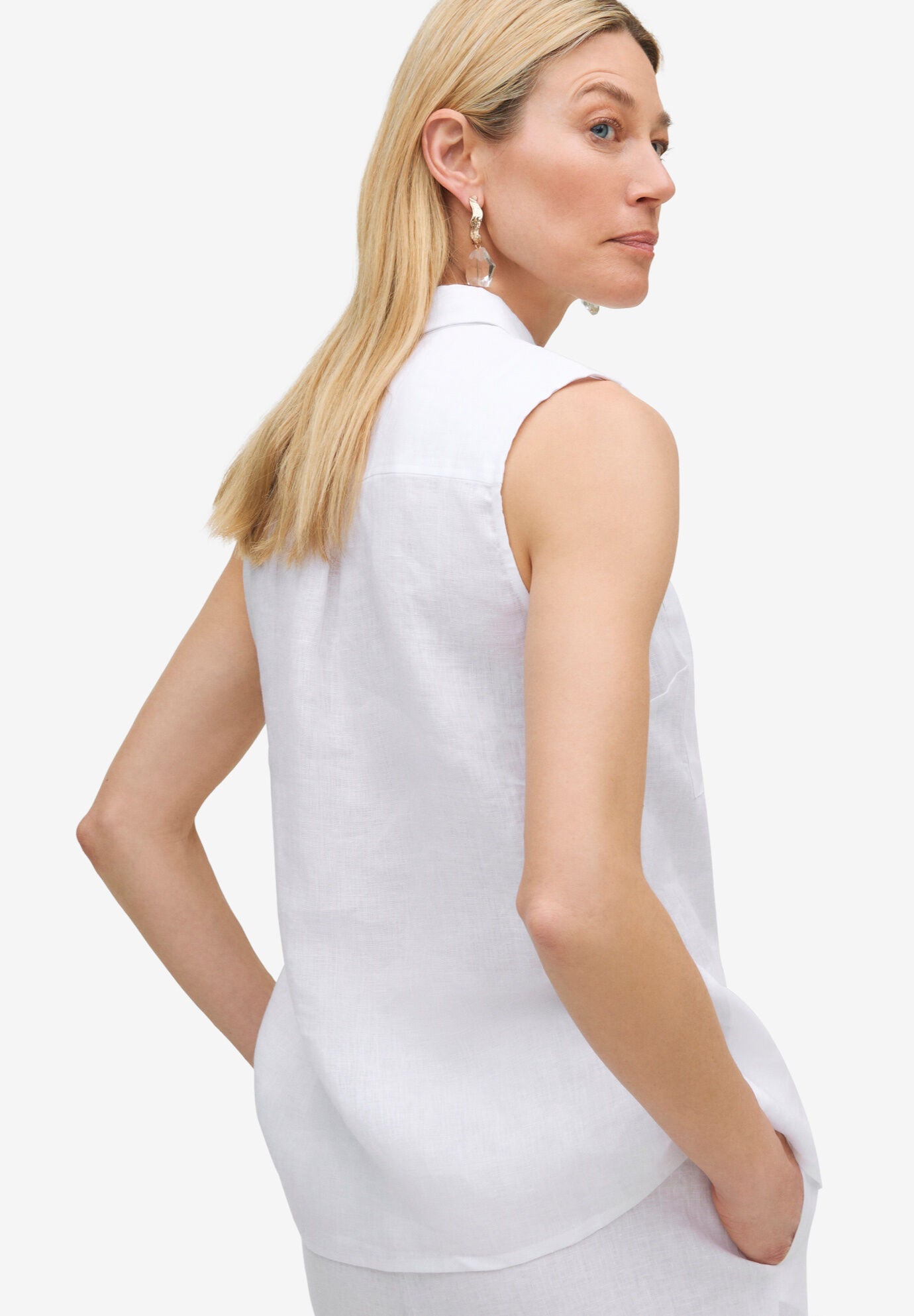 Sleeveless Button-Front Linen Blend Shirt, , on-hover image number 1