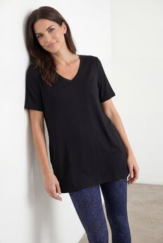 Stretch Jersey Knit A-Line Relaxed V-Neck Short Sleeve Tunic