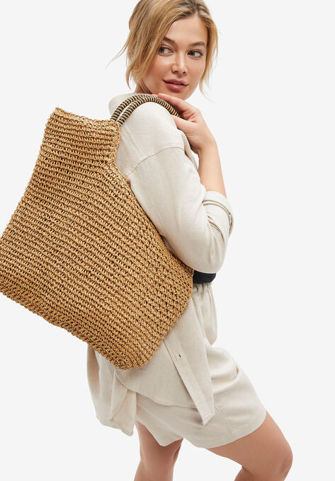 Zip-Top Straw Bag with Double Handle, NATURAL, hi-res image number null