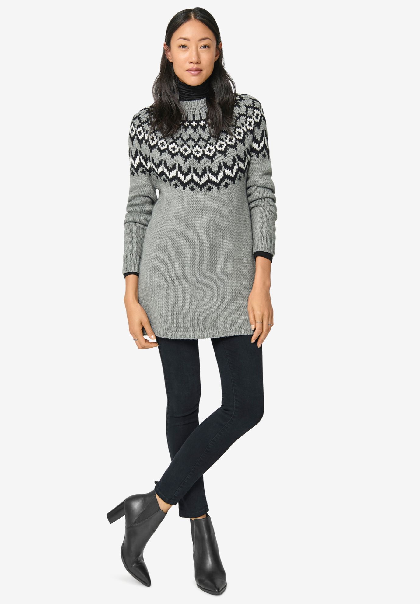 Fairisle Sweater Tunic Cozy A Line Style Grey Fair Isle