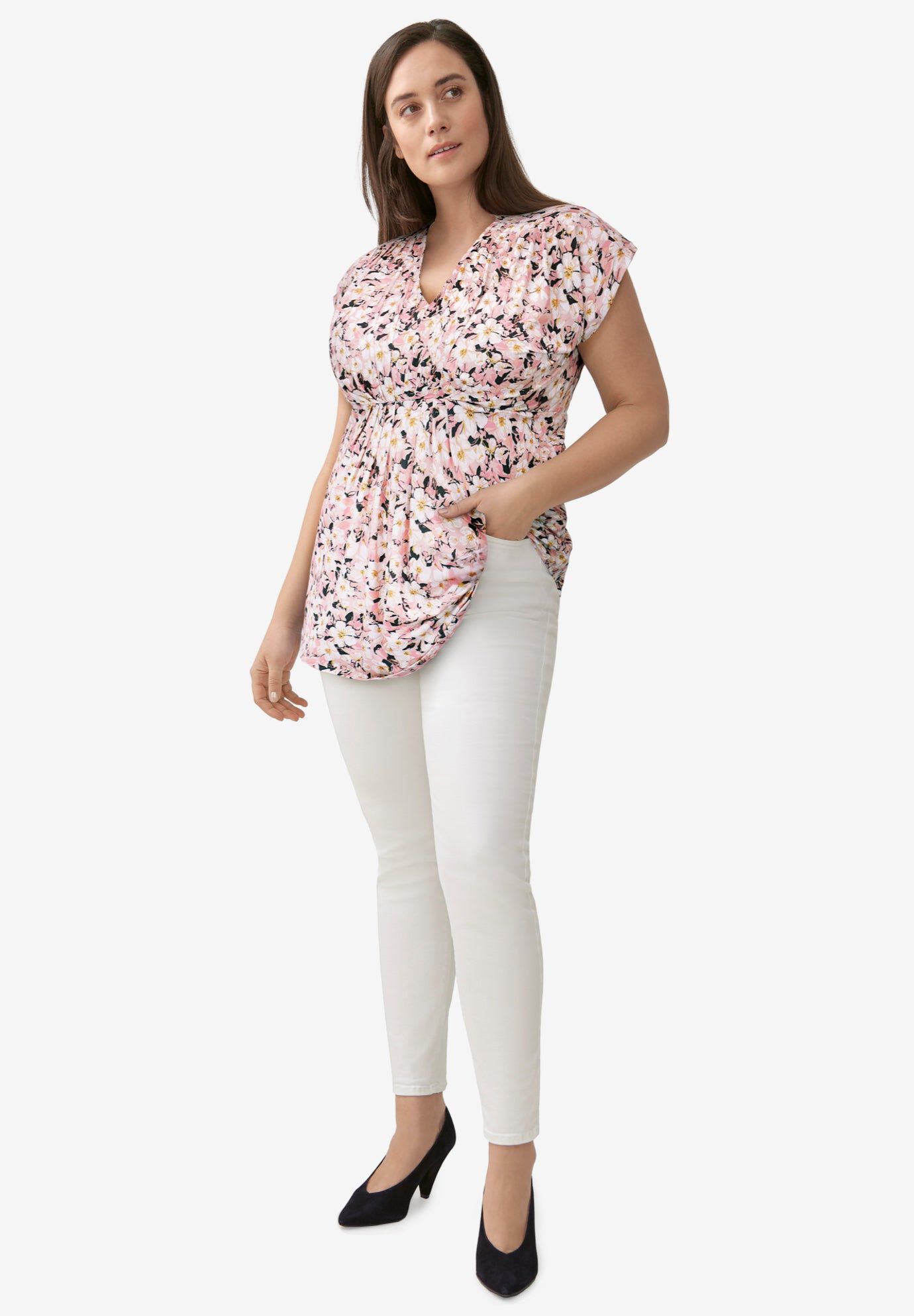 V-Neck Tunic With Gathered Bodice, PALE BLUSH BLACK FLORAL, hi-res image number 0