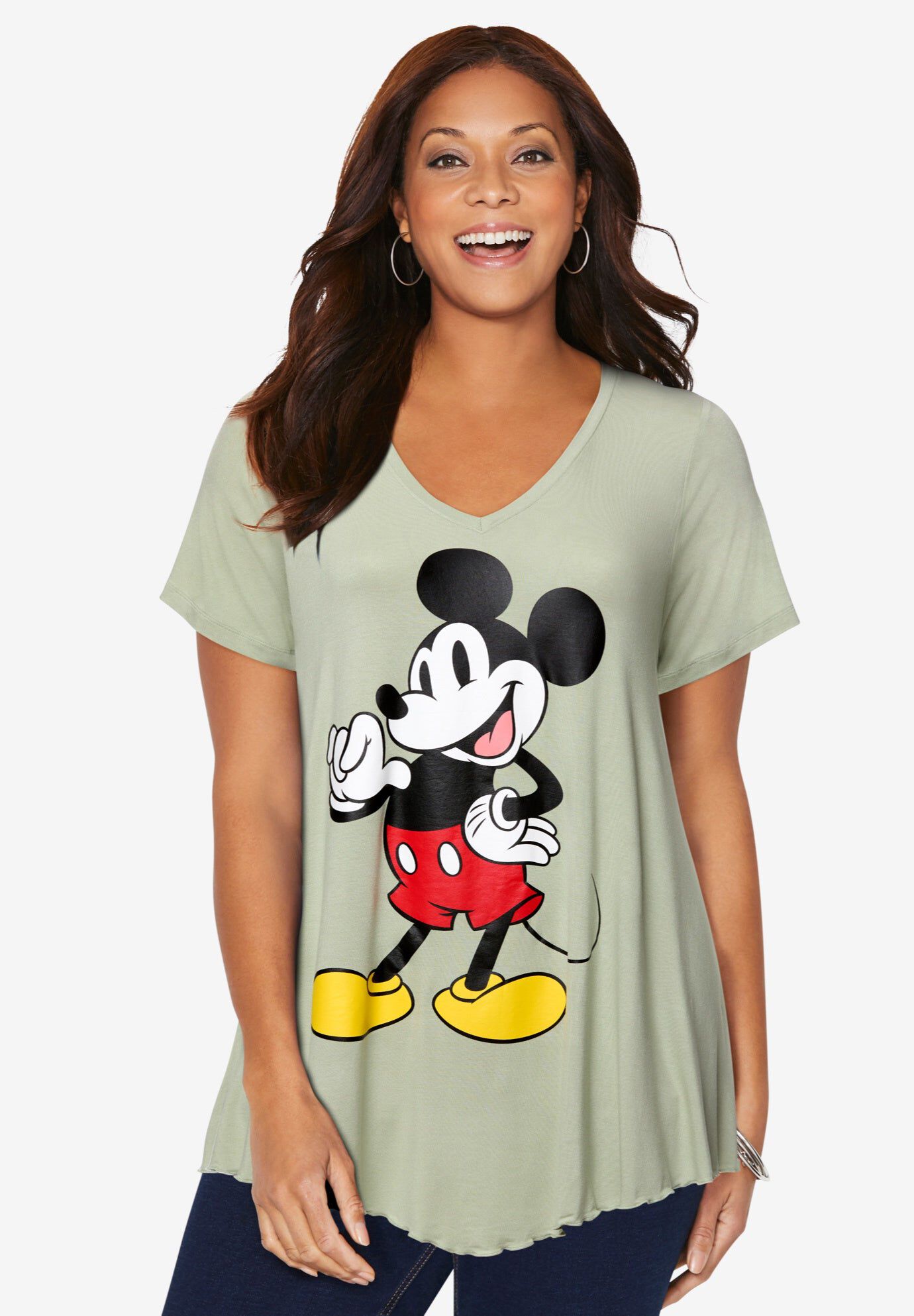 Disney Sage Green Mickey V-Neck Point Hem Tee, SAGE GREEN MICKEY, hi-res image number 0