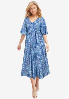 Knit Midi Dress With Surplice Neckline & Waist Tie