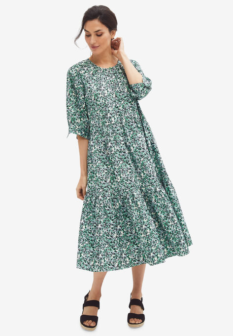Tiered Cotton Midi Dress, IVORY GREEN DITSY FLORAL, hi-res image number null