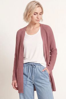 Open Front Long Ribbed Sleeve Waffle Cardigan