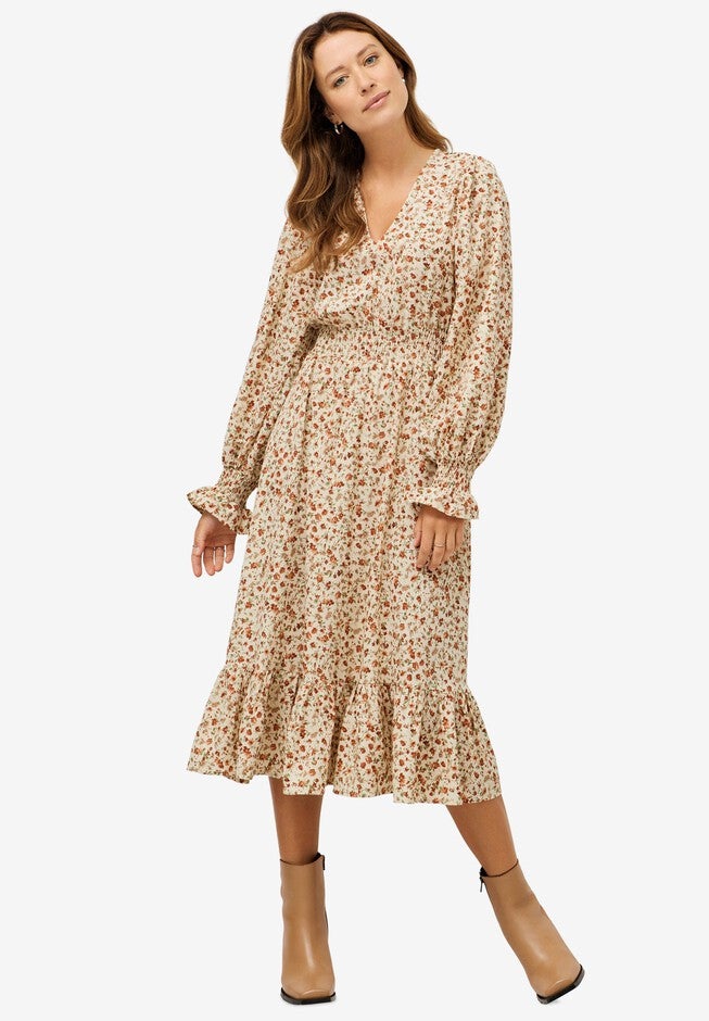 Vintage-Inspired Smocked Waist Midi Dress, Beige Rust Ditsy Floral | Woman Within Vintage-Inspired Smocked Waist Midi Dress, Beige Rust Ditsy Floral | Woman Within