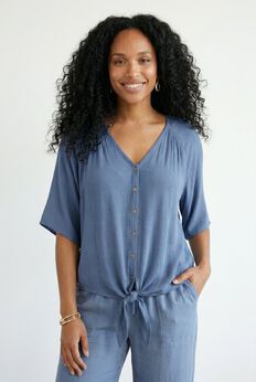 V-Neck Crinkle Tie-Front Elbow-Sleeve Blouse