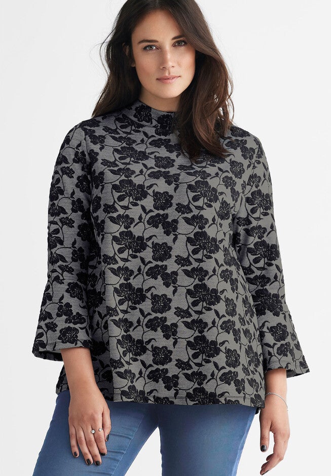 Mock Neck Jacquard Top, MEDIUM HEATHER GREY BLACK FLORAL, hi-res image number null