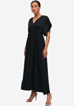 Stretch Knit Fit And Flare Elbow-Length Sleeve Tie-Back Maxi Dress