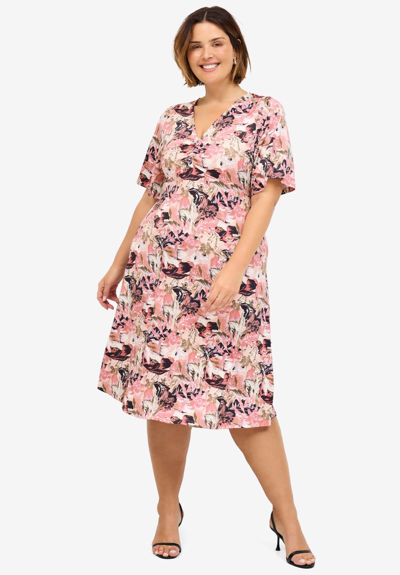 V-Neck Fit and Flare Dress, DUSTY PINK PRINT, hi-res image number 0