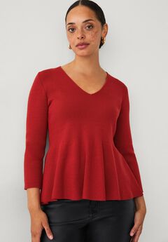 Fine Knit V-Neck Three-Quarter Sleeve Ribbed Peplum Pullover Sweater