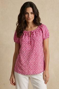 100% Cotton A-Line Peasant Blouse With Scoop Keyhole Neckline