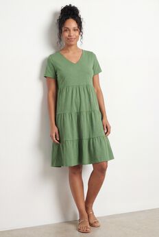 Cotton Spandex V-Neck Short Sleeve Tiered A-Line Dress