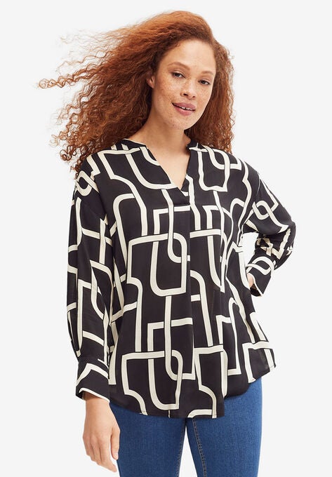 Notch V-Neck Tunic, BLACK IVORY PRINT, hi-res image number null