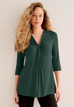 Stretch Knit V-neck 3/4 Sleeve Knot Front Tunic