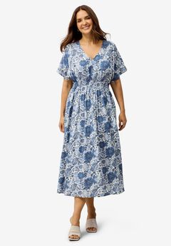 V-Neck Elastic Waist Midi Dress