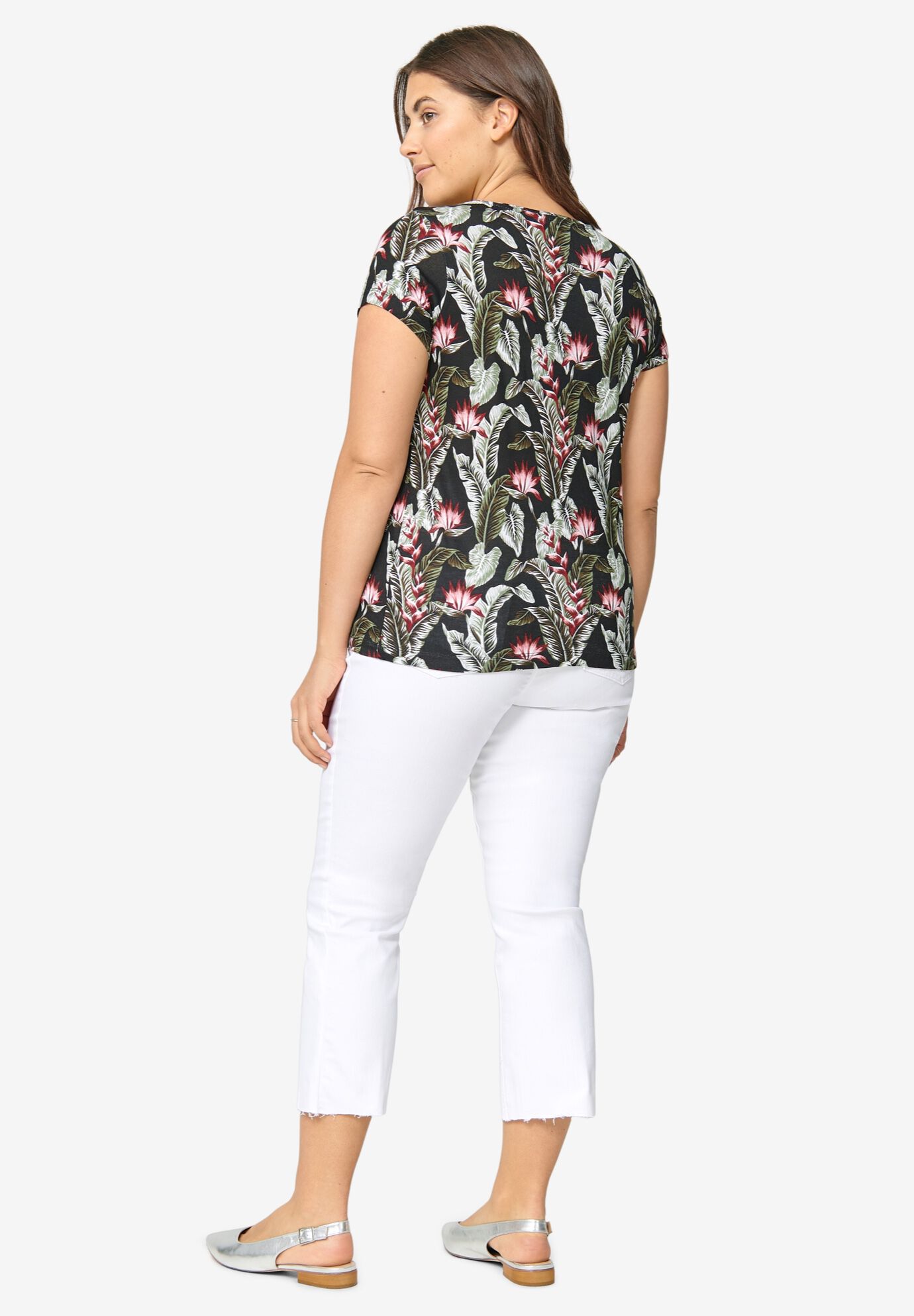 Printed cap sleeve tee, BLACK TROPICAL PRINT, on-hover image number 1