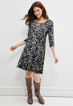 Stretch Knit Scoop Neck 3/4 Sleeve A Line Dress