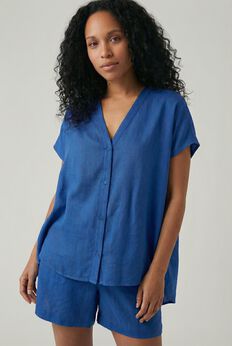 Linen-Blend V-Neck Button-Front Dolman Sleeve Oversized Tunic