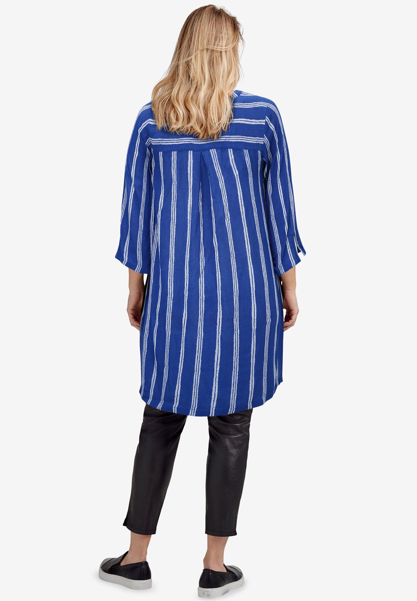 Notch Neck Crinkle Tunic, RICH INDIGO WHITE STRIPE, on-hover image number 1
