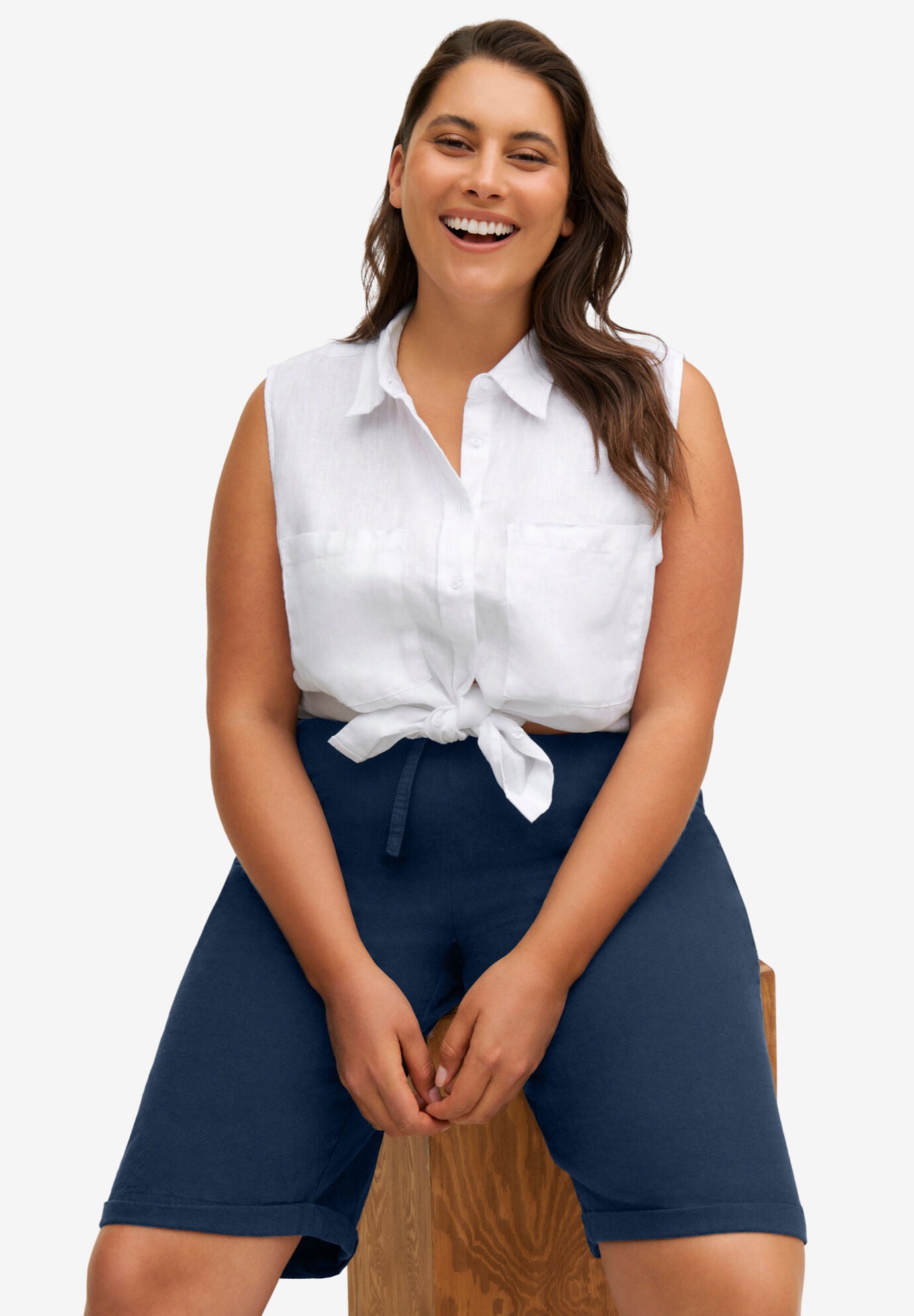 Sleeveless Button-Front Linen Blend Shirt, , alternate image number 2