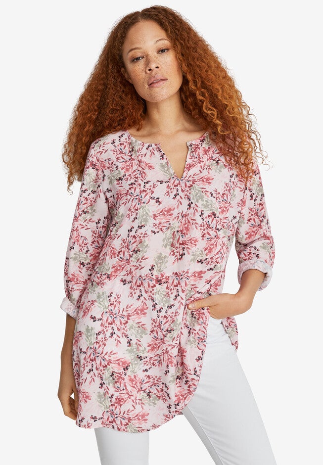 Keyhole Neckline Tunic, PINK FLORAL, hi-res image number 0