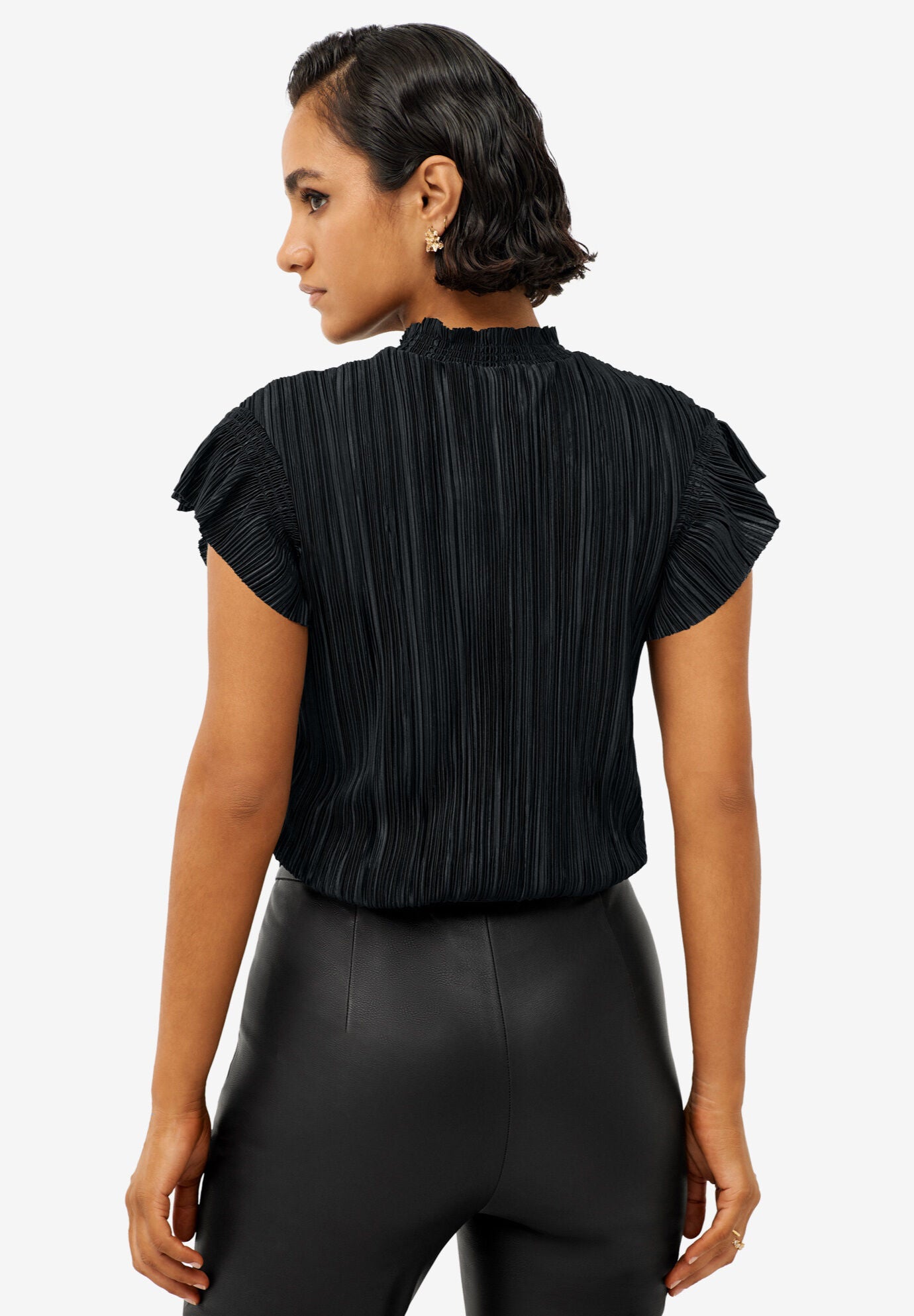 Flutter Cap Sleeve Plisse Top, , on-hover image number 1