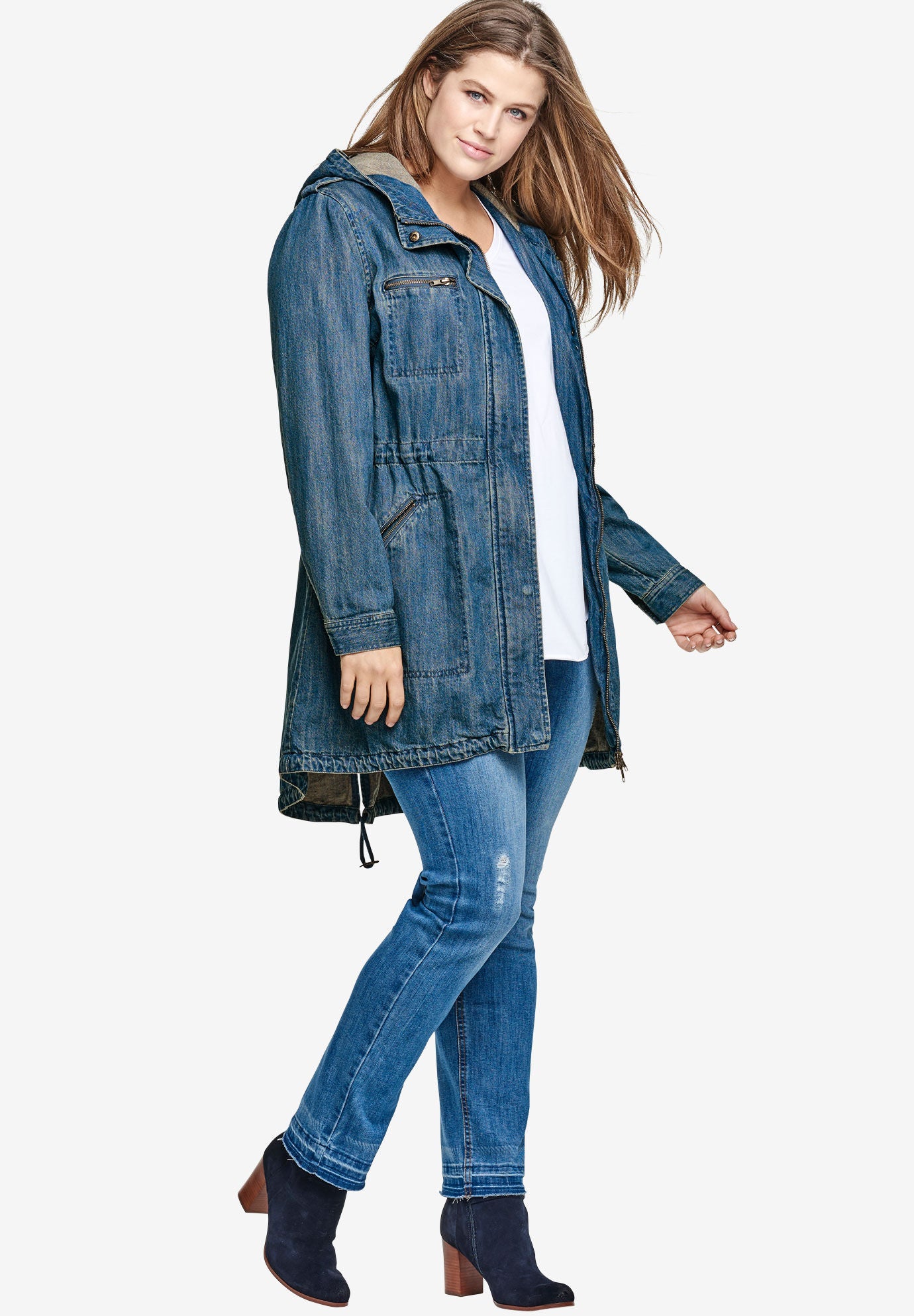 Hooded Anorak Denim Jacket with Pockets Medium Stonewash