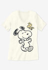 Peanuts Short Sleeve V-neck Tee Ivory Snoopy Woodstock, , alternate image number null