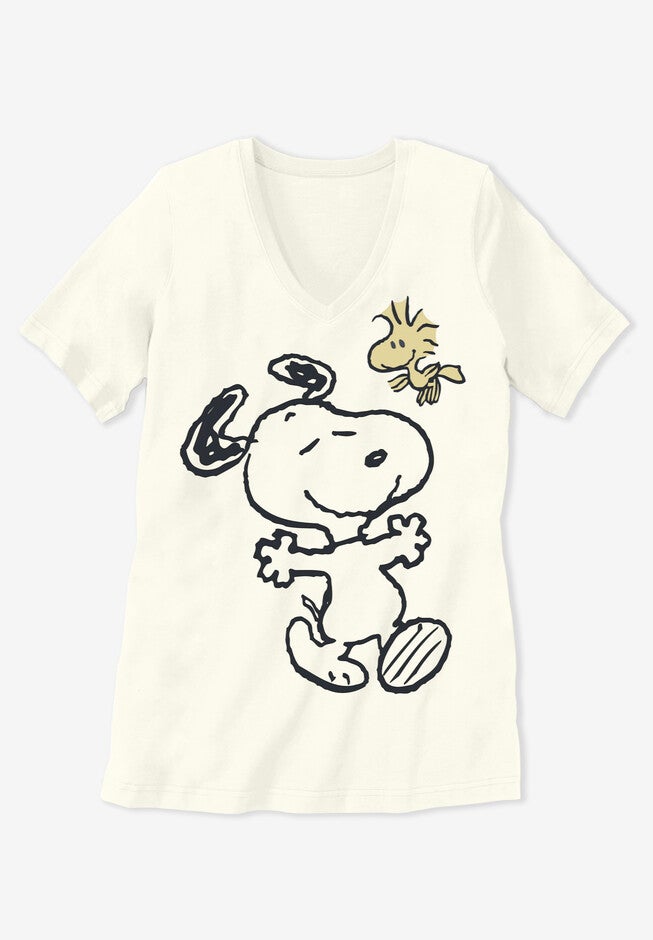 Peanuts Short Sleeve V-neck Tee Ivory Snoopy Woodstock, , alternate image number 1