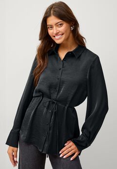 Button Front Satin Tunic With Self Belt