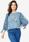 3/4 Tie-Sleeve Blouse, BLUE LAKE FLORAL, hi-res image number null
