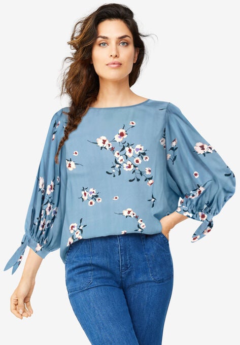 3/4 Tie-Sleeve Blouse, BLUE LAKE FLORAL, hi-res image number null