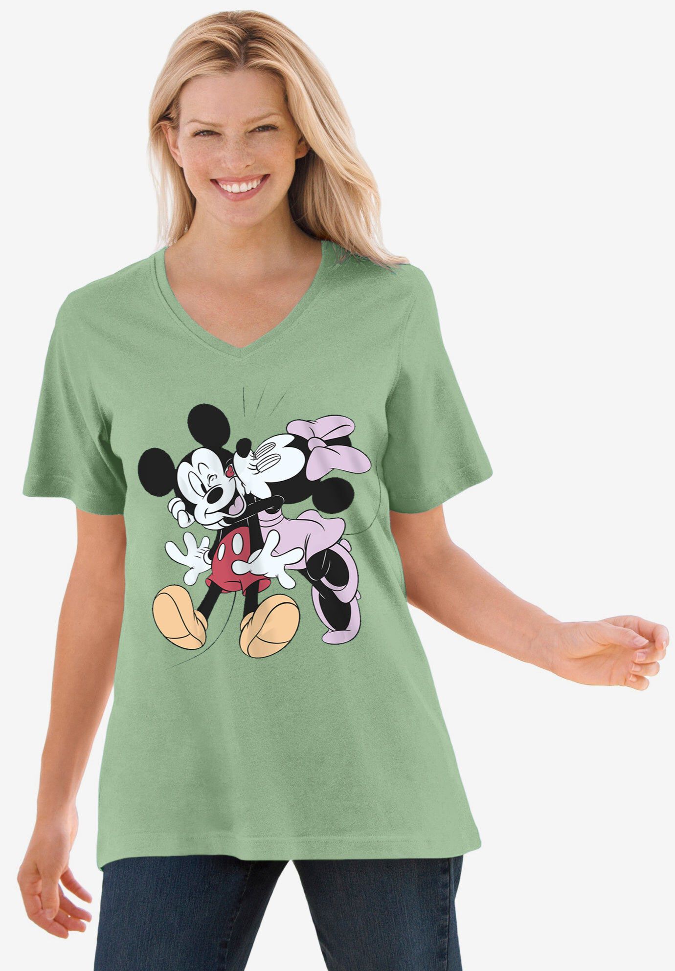 Disney Short Sleeve V-neck Tee Sage Mickey Minnie, SAGE MICKEY MINNIE, hi-res image number 0