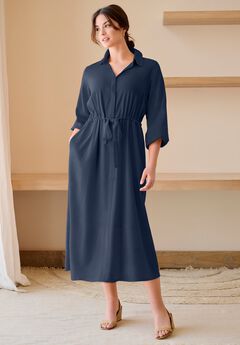 Linen Blend Tie Waist Midi Dress