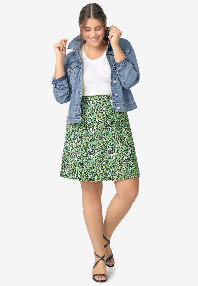 Print A-Line Skirt, BLACK GREEN DITSY FLORAL, hi-res image number 0