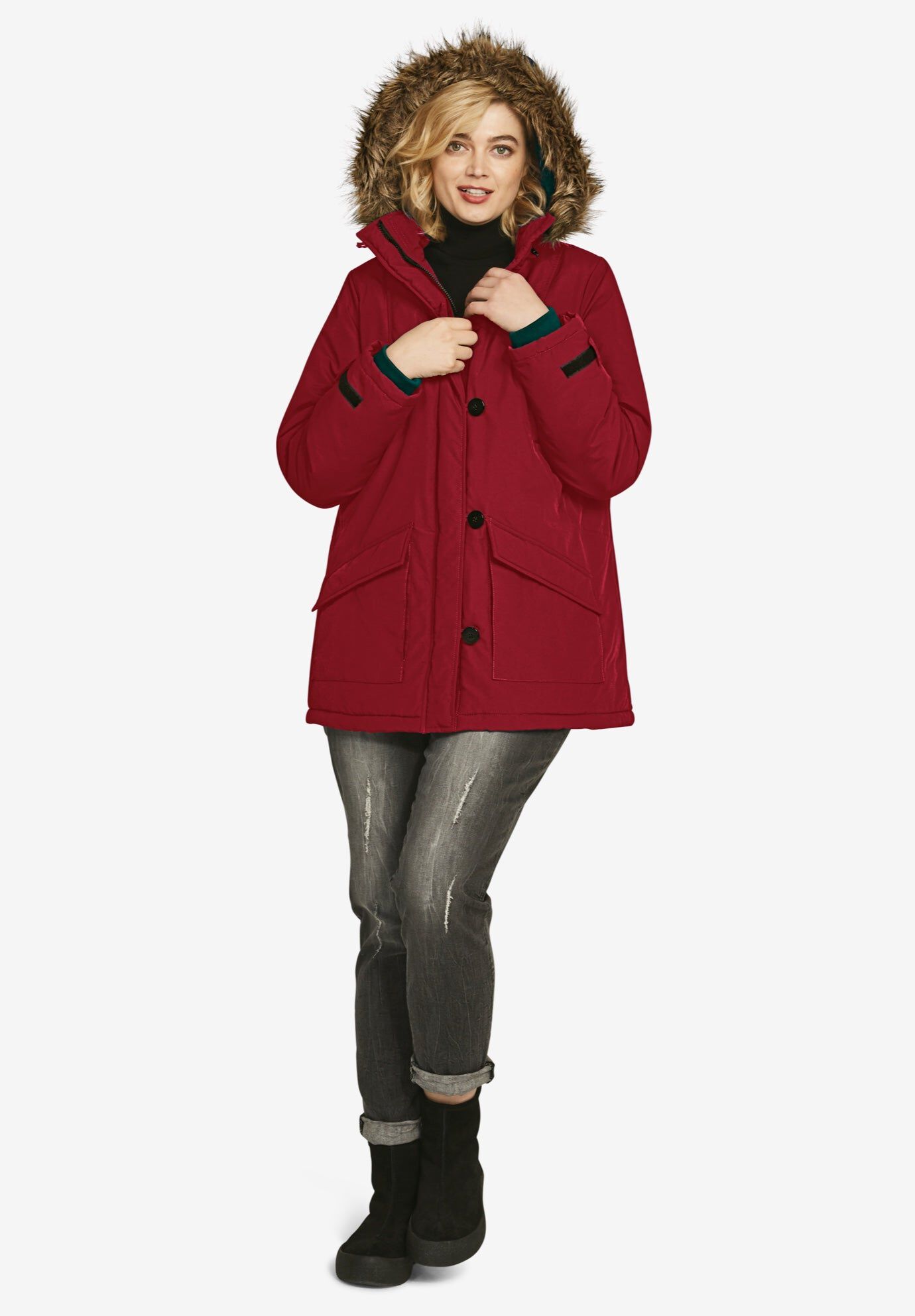 Faux Fur Trim Parka, RICH RED