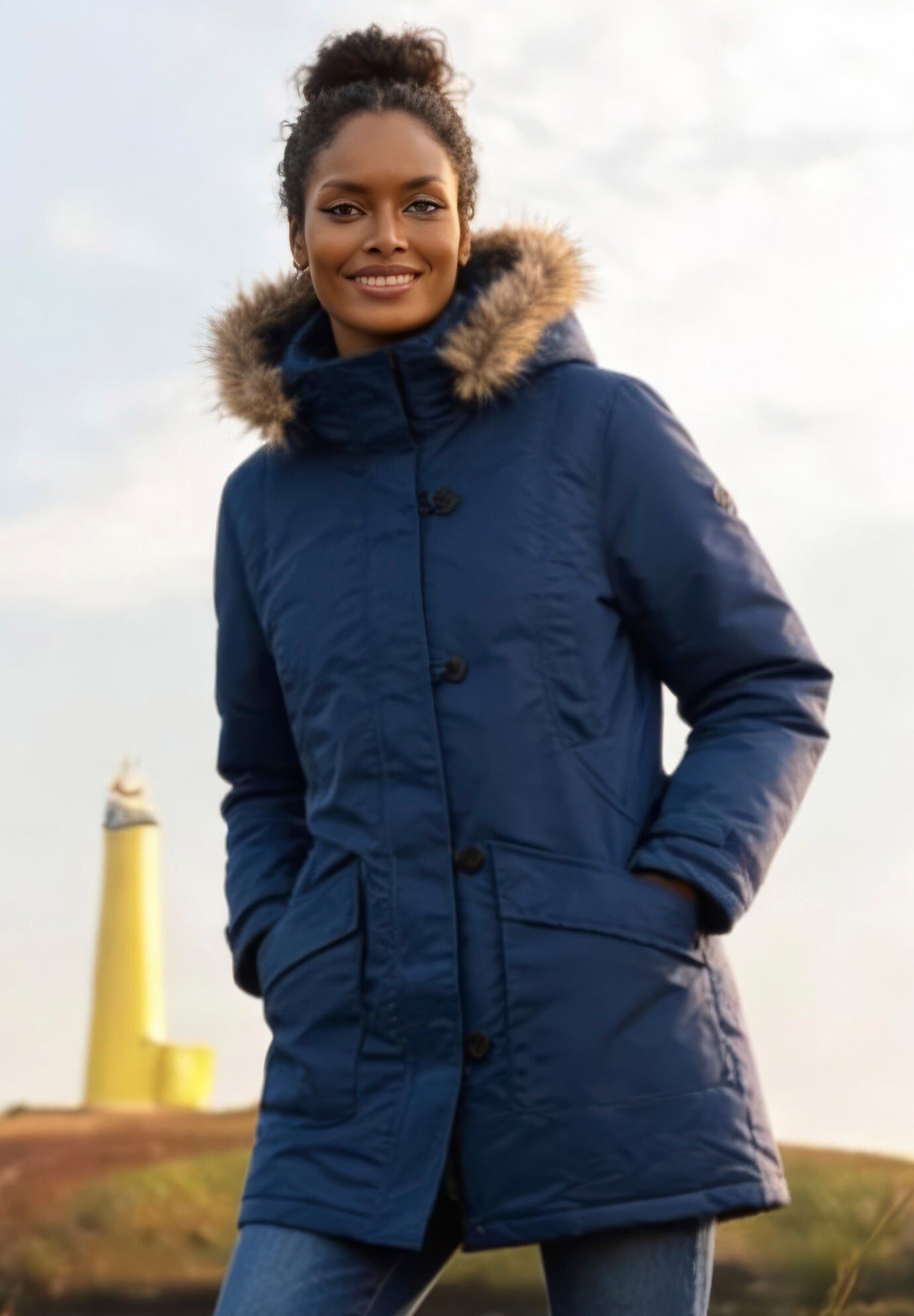 Faux Fur Trim Two-Way Zip-Front Mid-Length Parka, MARINE BLUE