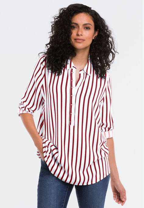 Button Placket Popover Tunic, MAROON RED STRIPE, hi-res image number null