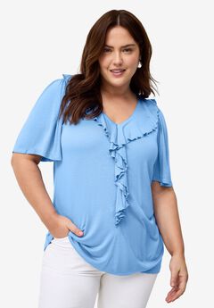 Stretch Knit V-neck Ruffle Front Tunic