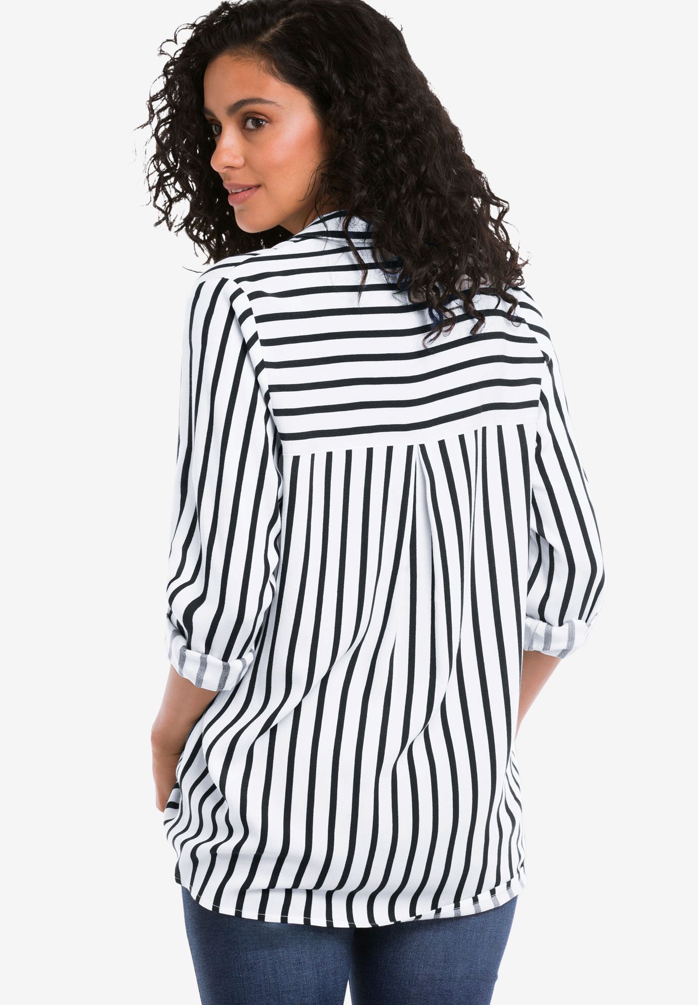 Button Placket Popover Tunic, BLACK STRIPE, on-hover image number 1