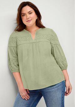Keyhole Neck Blouse with Crochet Trim